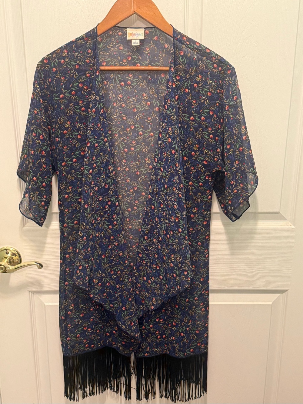LuLaRoe Navy Floral Sheer Fringe Kimono Large